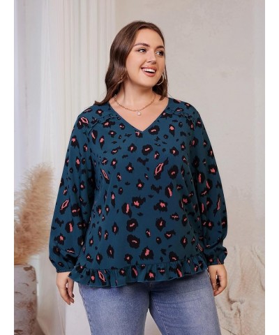 Women's Plus Size Allover Print V Neck Bishop Long Sleeve Ruffle Hem Blouse Tops Multicoloured Printed $15.12 Blouses