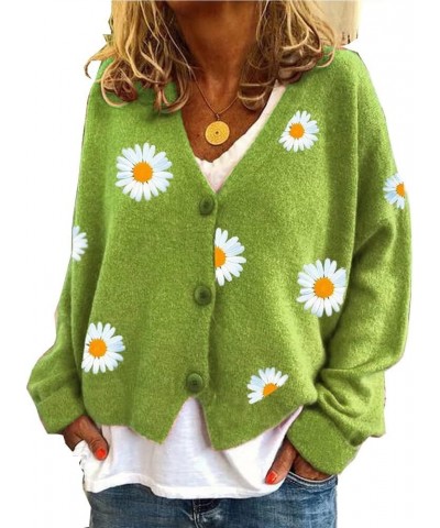 Women's Floral Print Cardigan Sweaters Long Sleeve V Neck Button Daisy Knit Cardigan Loose Cottagecore Sweater Top Daisy2-gre...