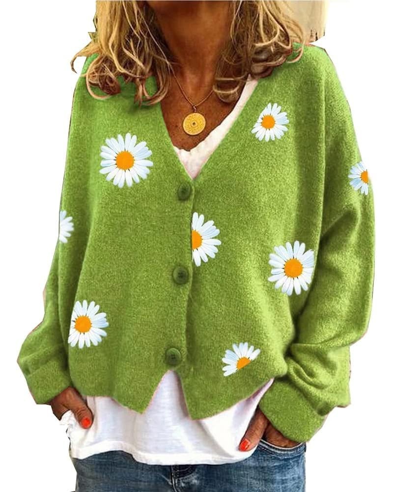 Women's Floral Print Cardigan Sweaters Long Sleeve V Neck Button Daisy Knit Cardigan Loose Cottagecore Sweater Top Daisy2-gre...