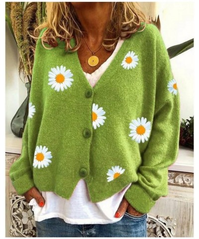 Women's Floral Print Cardigan Sweaters Long Sleeve V Neck Button Daisy Knit Cardigan Loose Cottagecore Sweater Top Daisy2-gre...