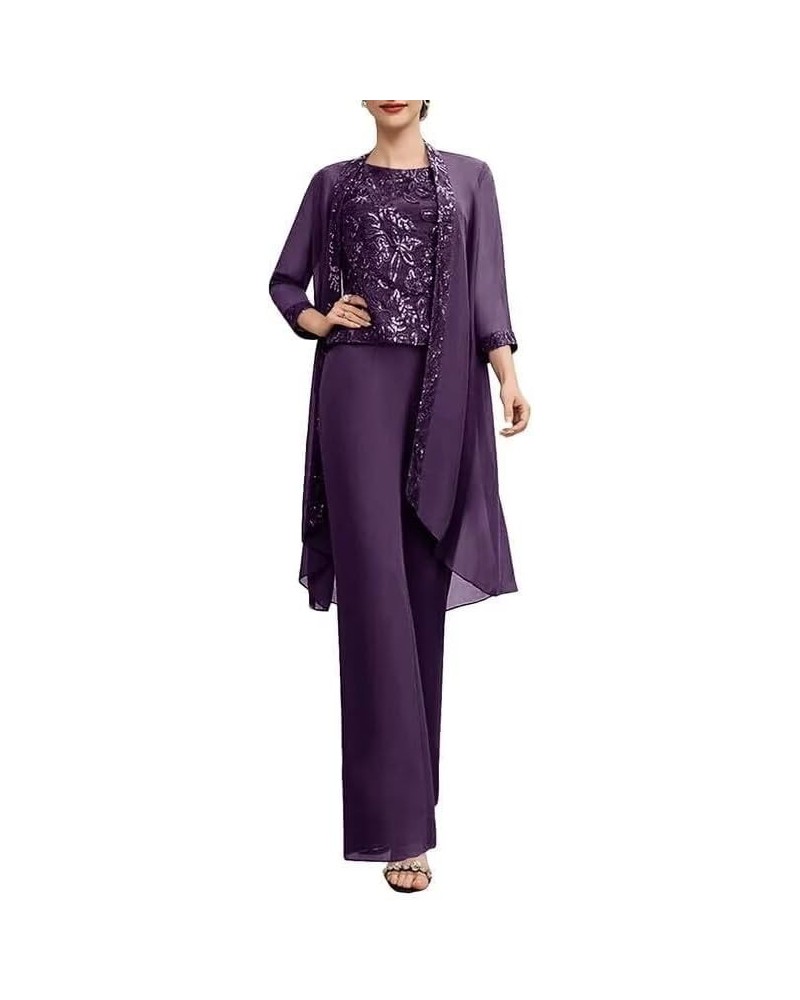 Long Sleeves Mother of The Bride Pant Suits for Wedding with Jacket 3 PCs Chiffon Appliques Formal Pant Suits for Women Purpl...