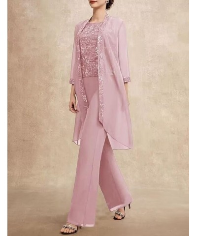 Long Sleeves Mother of The Bride Pant Suits for Wedding with Jacket 3 PCs Chiffon Appliques Formal Pant Suits for Women Purpl...