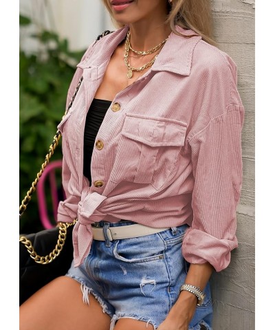 Women's Corduroy Shirt Long Sleeve Button Down Shacket Jacket Casual Oversized top with Pockets Pink $21.19 Jackets