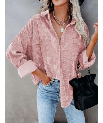 Women's Corduroy Shirt Long Sleeve Button Down Shacket Jacket Casual Oversized top with Pockets Pink $21.19 Jackets