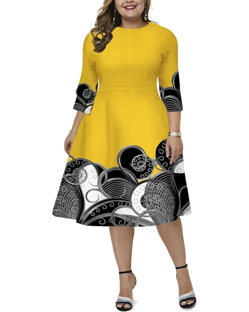 Women's Plus Size Vintage Midi Dress 3/4 Sleeve Patchwork Floral Flared A-Line Cocktail Party Formal Dresses 12001-yellow $13...