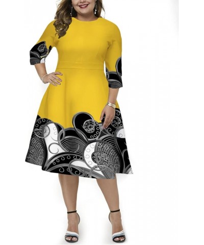 Women's Plus Size Vintage Midi Dress 3/4 Sleeve Patchwork Floral Flared A-Line Cocktail Party Formal Dresses 12001-yellow $13...