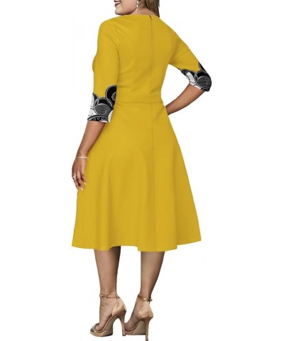 Women's Plus Size Vintage Midi Dress 3/4 Sleeve Patchwork Floral Flared A-Line Cocktail Party Formal Dresses 12001-yellow $13...