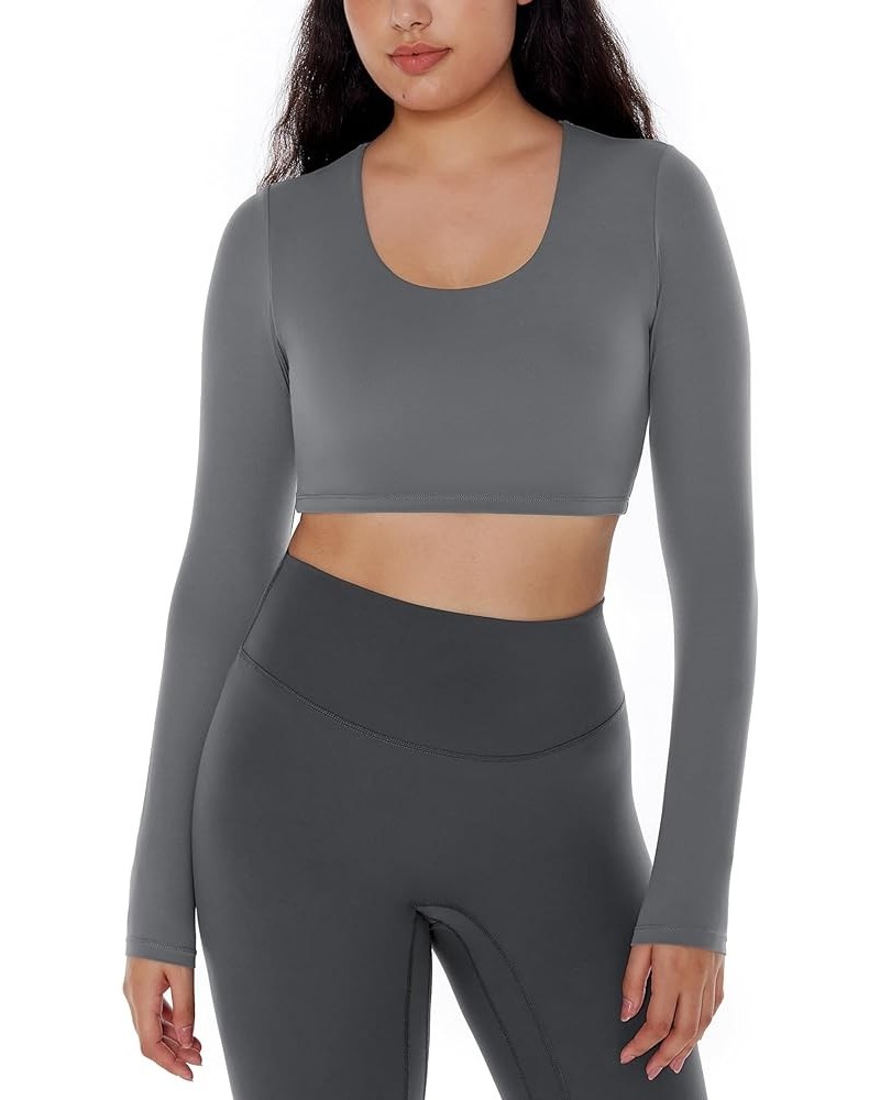 Long Sleeve Crop Tops for Women Workout Tee Built in Bra Cream Feeling Athletic Mild Support U Neck Cropped Shirts Dark Gray ...