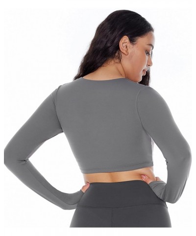 Long Sleeve Crop Tops for Women Workout Tee Built in Bra Cream Feeling Athletic Mild Support U Neck Cropped Shirts Dark Gray ...