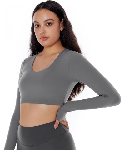 Long Sleeve Crop Tops for Women Workout Tee Built in Bra Cream Feeling Athletic Mild Support U Neck Cropped Shirts Dark Gray ...