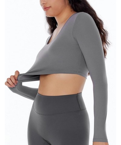 Long Sleeve Crop Tops for Women Workout Tee Built in Bra Cream Feeling Athletic Mild Support U Neck Cropped Shirts Dark Gray ...