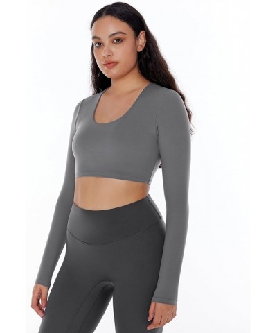 Long Sleeve Crop Tops for Women Workout Tee Built in Bra Cream Feeling Athletic Mild Support U Neck Cropped Shirts Dark Gray ...