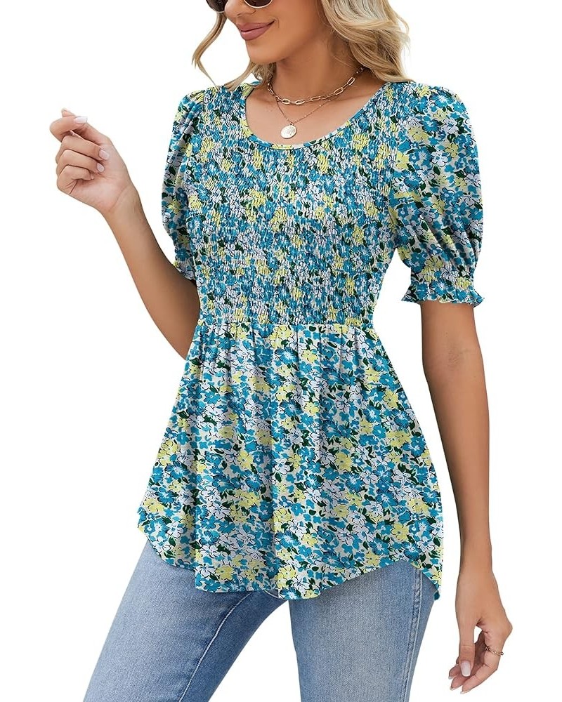 Womens Smocked Tops Cute Summer Tops Short Puff Sleeve Peplum Blouses Dressy Casual Babydoll Shirts Blue Floral(short Sleeve)...