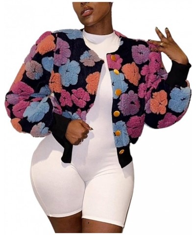 Fleece Jacket Women Button Down Long Puff Sleeve Flower Pom Pom Cropped Sweater Bomber Jackets 02 Black 04 $20.40 Jackets