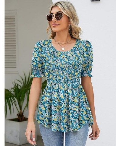 Womens Smocked Tops Cute Summer Tops Short Puff Sleeve Peplum Blouses Dressy Casual Babydoll Shirts Blue Floral(short Sleeve)...