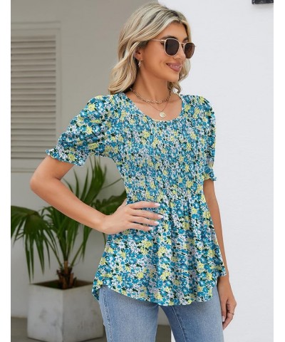 Womens Smocked Tops Cute Summer Tops Short Puff Sleeve Peplum Blouses Dressy Casual Babydoll Shirts Blue Floral(short Sleeve)...