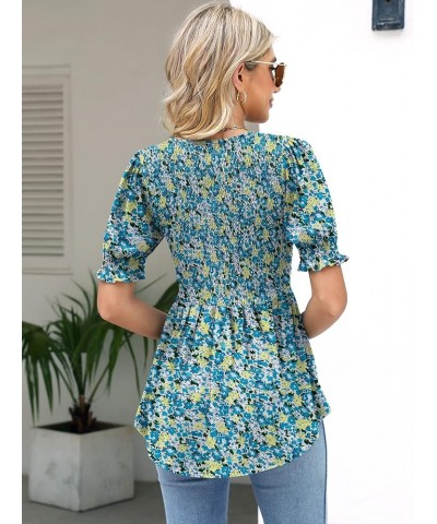 Womens Smocked Tops Cute Summer Tops Short Puff Sleeve Peplum Blouses Dressy Casual Babydoll Shirts Blue Floral(short Sleeve)...