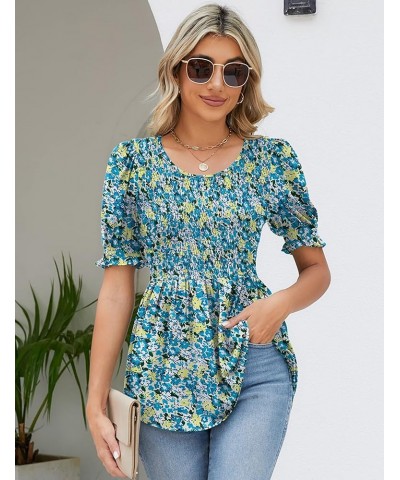 Womens Smocked Tops Cute Summer Tops Short Puff Sleeve Peplum Blouses Dressy Casual Babydoll Shirts Blue Floral(short Sleeve)...