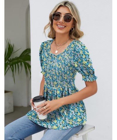 Womens Smocked Tops Cute Summer Tops Short Puff Sleeve Peplum Blouses Dressy Casual Babydoll Shirts Blue Floral(short Sleeve)...