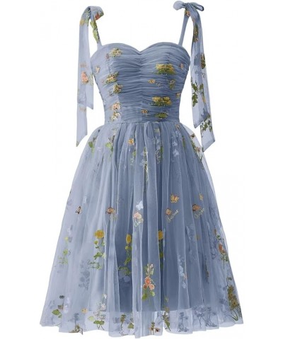 Women's Puffy Sleeve Prom Dresses Flower Embroidery Tulle Formal Evening Party Gowns Dusty Blue-short $33.59 Dresses