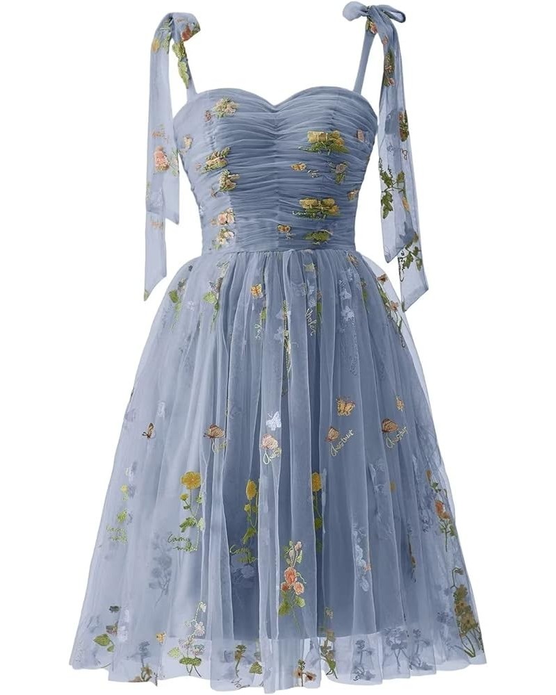 Women's Puffy Sleeve Prom Dresses Flower Embroidery Tulle Formal Evening Party Gowns Dusty Blue-short $33.59 Dresses