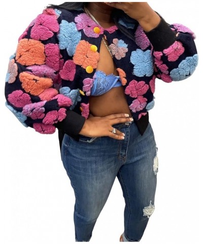 Fleece Jacket Women Button Down Long Puff Sleeve Flower Pom Pom Cropped Sweater Bomber Jackets 02 Black 04 $20.40 Jackets