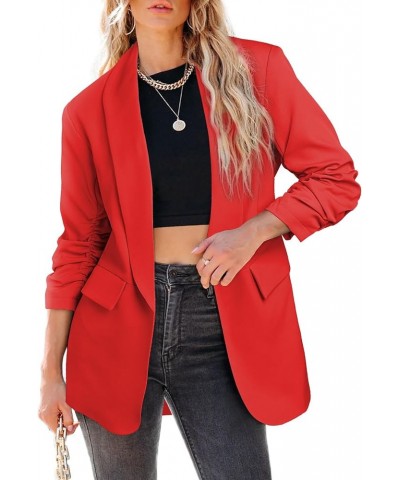 Womens 3/4 Ruched Sleeve Blazer 2024 Trendy Open Front Work Office Suit Jackets Casual Business Outfits Red $27.49 Blazers