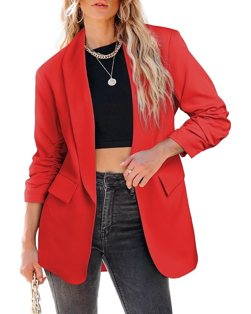 Womens 3/4 Ruched Sleeve Blazer 2024 Trendy Open Front Work Office Suit Jackets Casual Business Outfits Red $27.49 Blazers