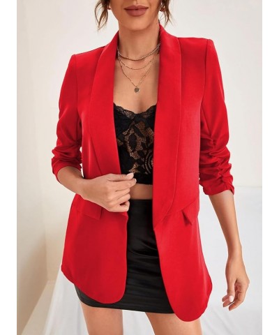 Womens 3/4 Ruched Sleeve Blazer 2024 Trendy Open Front Work Office Suit Jackets Casual Business Outfits Red $27.49 Blazers