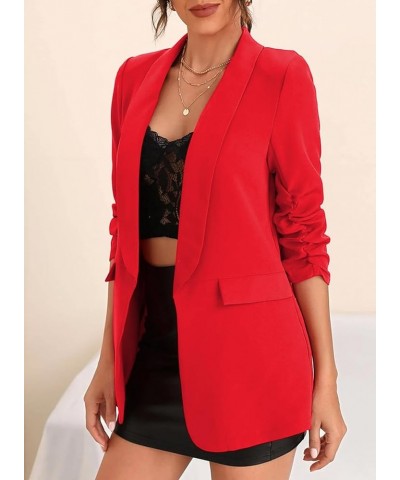 Womens 3/4 Ruched Sleeve Blazer 2024 Trendy Open Front Work Office Suit Jackets Casual Business Outfits Red $27.49 Blazers