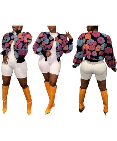 Fleece Jacket Women Button Down Long Puff Sleeve Flower Pom Pom Cropped Sweater Bomber Jackets 02 Black 04 $20.40 Jackets