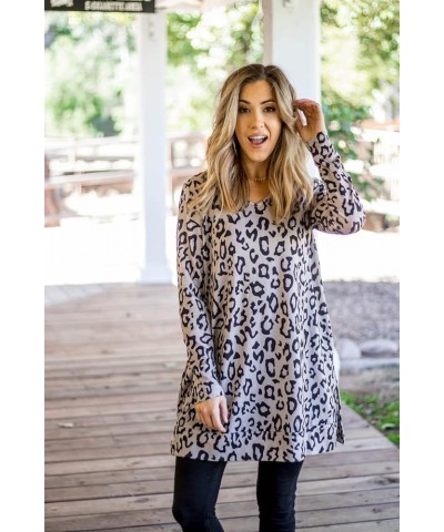 Women's Long Sleeve Casual Loose Sweater Outerwear Taupe Leopard Tunic $13.34 Sweaters