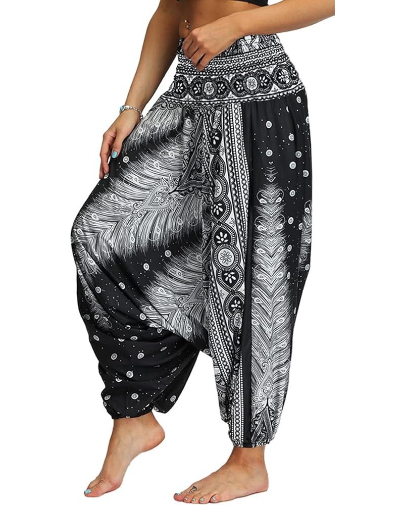 Women's Casual Boho Printed Loose Baggy Gypsy Hippie Yoga Harem Pants White Peacock Feather $13.43 Pants