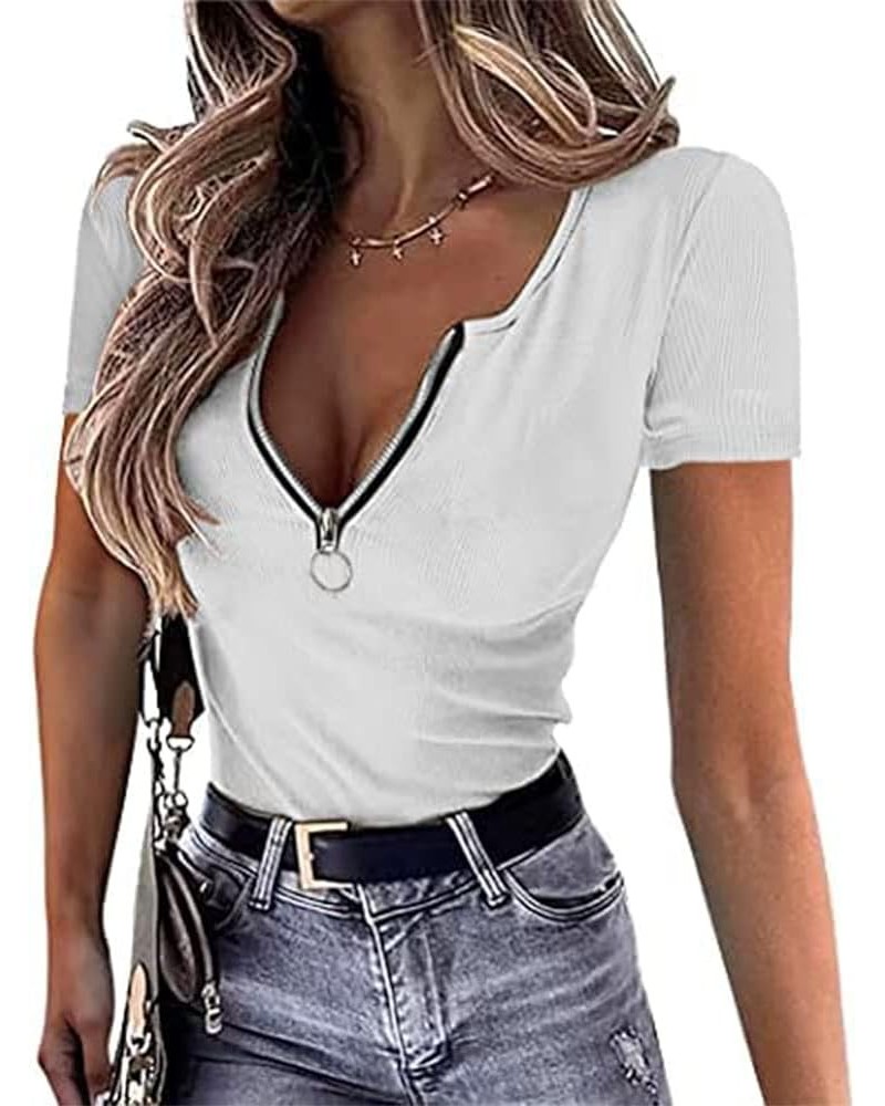 Womens Summer Tops Sexy Short Sleeve Ribbed Knit V Neck Slim Fit Zip Up Henley Top Shirt Blouses White $9.89 Tops