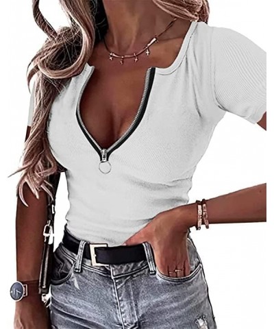 Womens Summer Tops Sexy Short Sleeve Ribbed Knit V Neck Slim Fit Zip Up Henley Top Shirt Blouses White $9.89 Tops