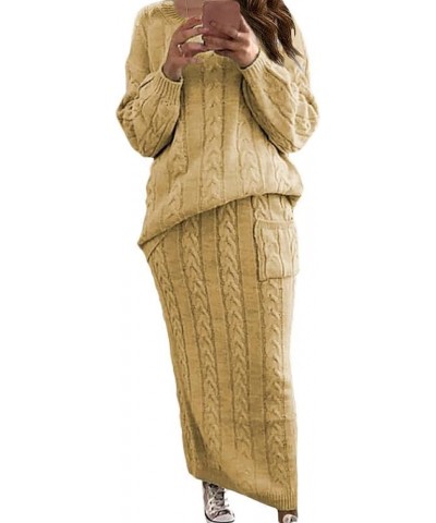 Women's Trendy Chunky Cable Knit Long Skirt 2 Piece Outfit Sweater Sets Mustard $18.00 Suits