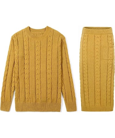 Women's Trendy Chunky Cable Knit Long Skirt 2 Piece Outfit Sweater Sets Mustard $18.00 Suits