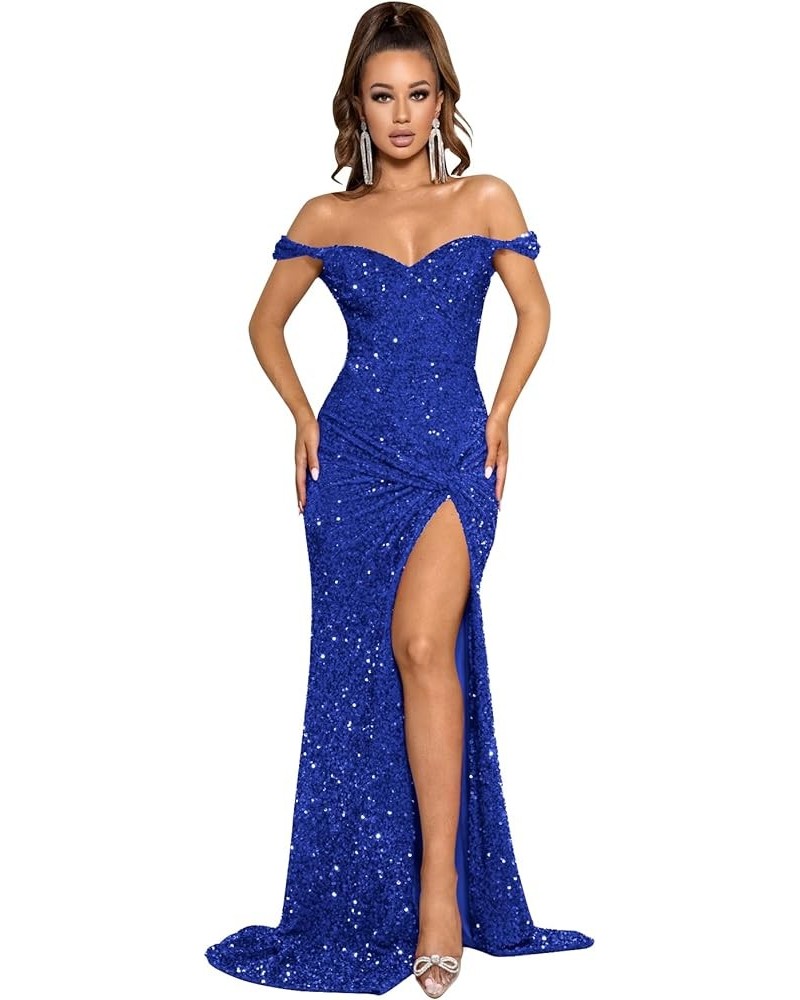 Off Shoulder Mermaid Sequin Prom Dress with Slit Long Ball Gown Sparkly Ruched Tight Formal Evening Party Dresses Royal Blue ...