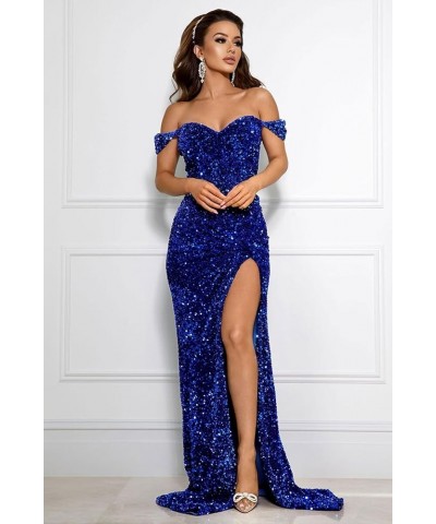 Off Shoulder Mermaid Sequin Prom Dress with Slit Long Ball Gown Sparkly Ruched Tight Formal Evening Party Dresses Royal Blue ...