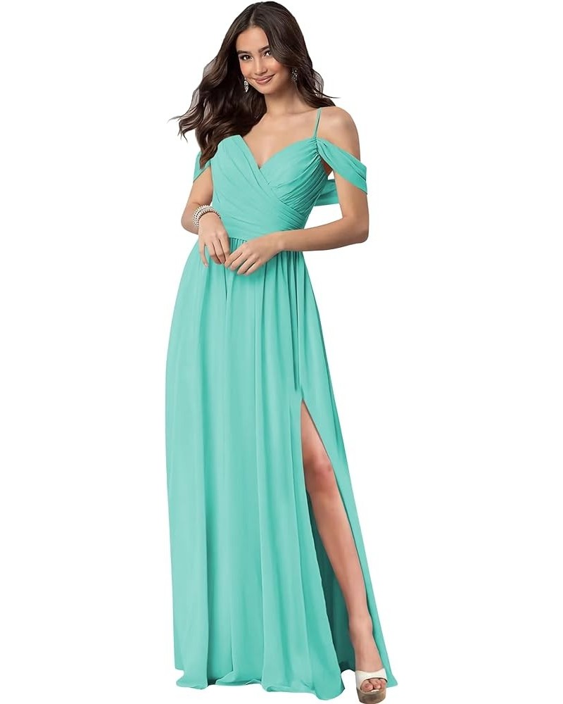 Women's Off Shoulder Bridesmaid Dresses Floor Length with Pockets A Line Chiffon Formal Dress Pleated Turquoise $29.89 Dresses