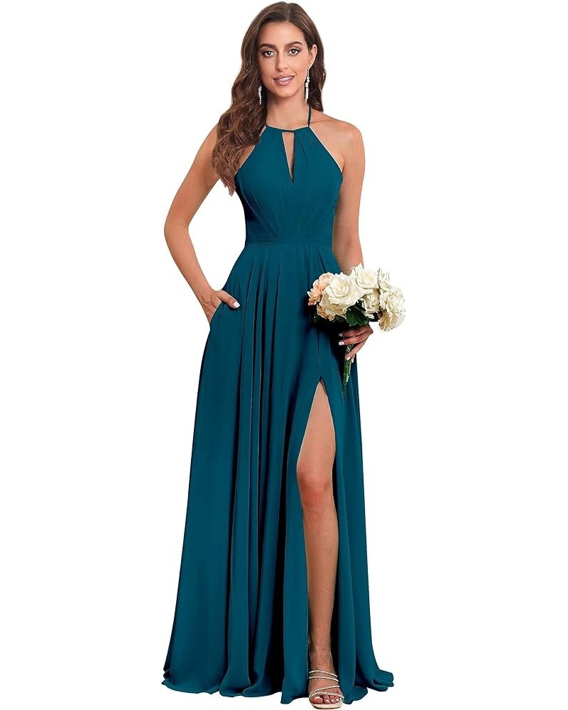 Women's Halter Chiffon Bridesmaid Dresses with Slit Long Pleated Evening Dress Formal Party Gowns Peacock $25.48 Dresses