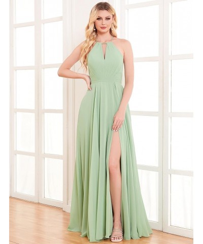 Women's Halter Chiffon Bridesmaid Dresses with Slit Long Pleated Evening Dress Formal Party Gowns Peacock $25.48 Dresses