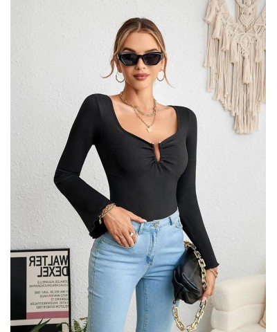 Womens Ribbed Bodysuit Long Sleeve Square Neck Sexy Body Suits Bell Sleeve U Wire Casual Shirts Black $11.04 Bodysuits