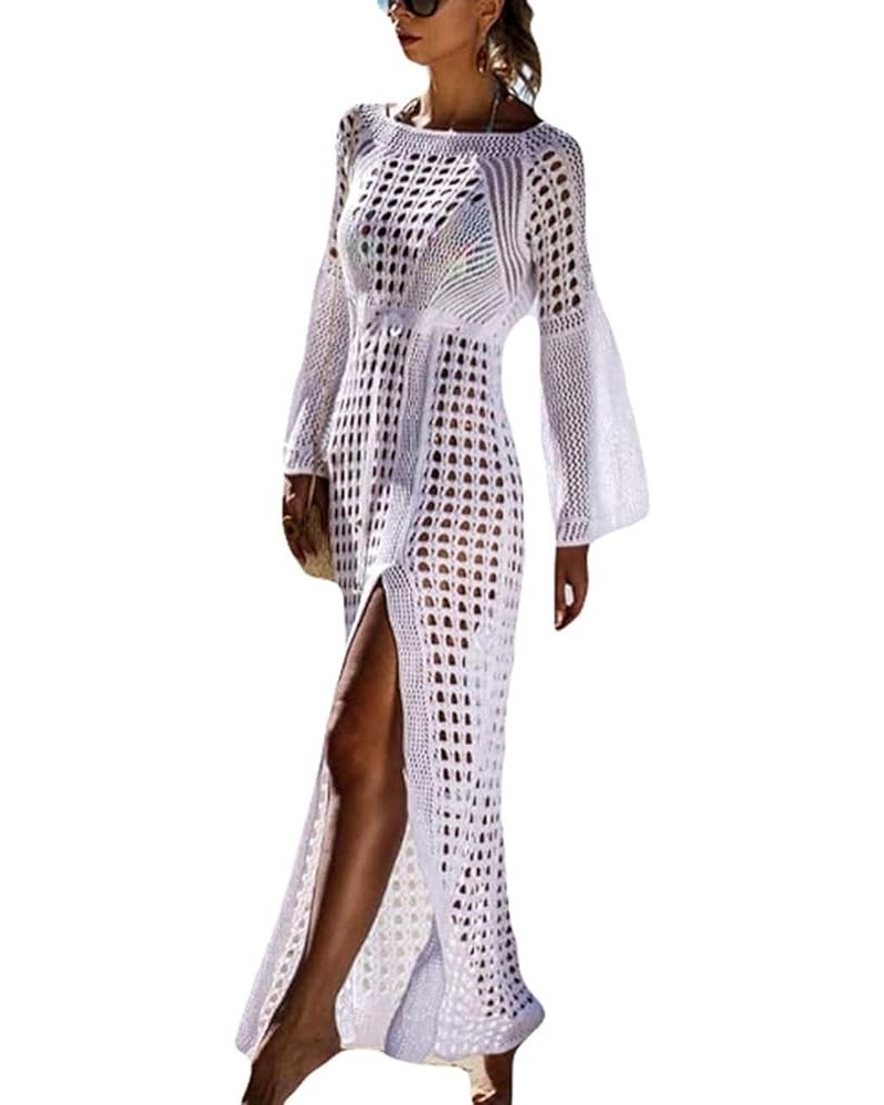 Women's Bikini Swimsuits Two Piece Crochet Fishnet Bra Top Maxi Skirt Cover Up Set Beach Outfits 9991-0 White $16.66 Swimsuits