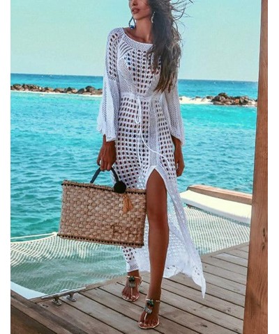 Women's Bikini Swimsuits Two Piece Crochet Fishnet Bra Top Maxi Skirt Cover Up Set Beach Outfits 9991-0 White $16.66 Swimsuits