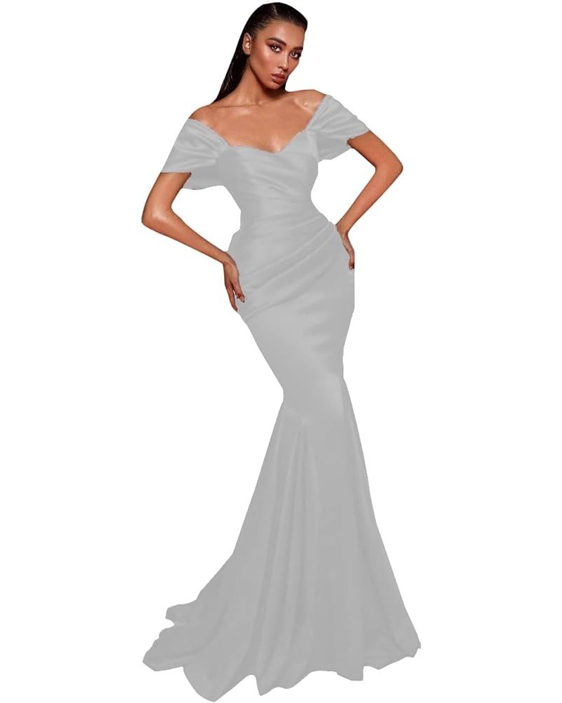 Cold Shoulder Mermaid Prom Dress Long for Women Long Satin Formal Evening Party Gowns Silver $32.64 Dresses