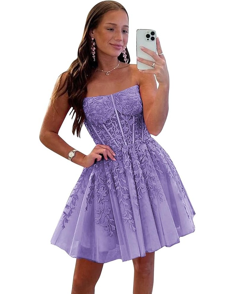 Women's Strapless Homecoming Dresses Short A-Line Lace Appliques Tulle Open Back Formal Cocktail Gown Lavender $38.00 Dresses