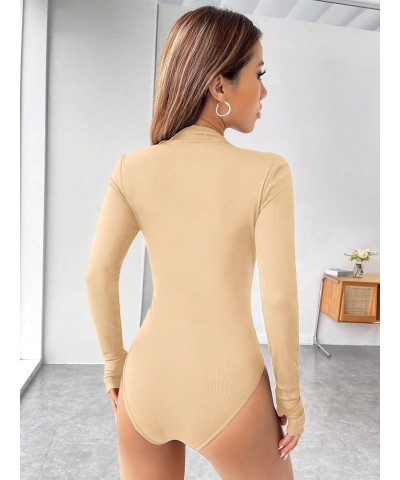 Women's Half Zip Up Long Sleeve Slim Fit Knitted Bodysuit Shirt Top Beige $13.05 Bodysuits