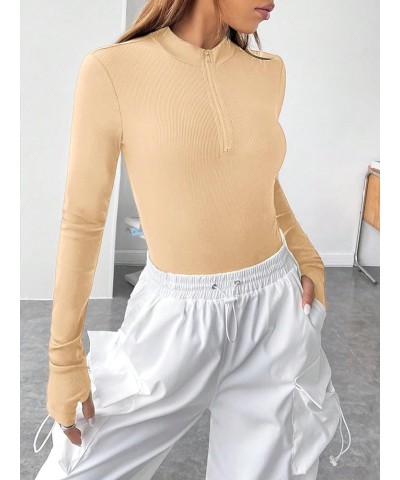 Women's Half Zip Up Long Sleeve Slim Fit Knitted Bodysuit Shirt Top Beige $13.05 Bodysuits