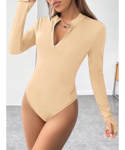 Women's Half Zip Up Long Sleeve Slim Fit Knitted Bodysuit Shirt Top Beige $13.05 Bodysuits